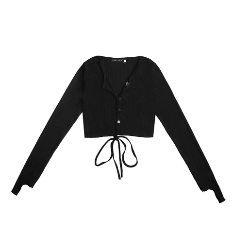 Áo kiểu Y2K cài nút Loli cột dây tay dài màu đen