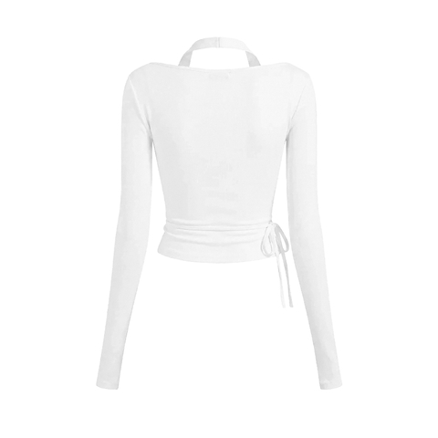 Set áo kiểu cổ đổ tay dài phối áo croptop DKMV dây eo thắt nơ