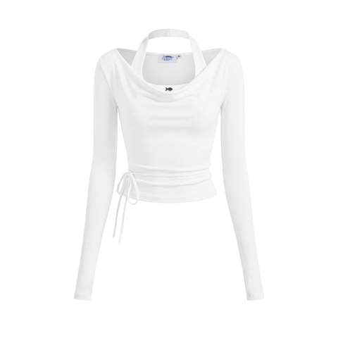 Set áo kiểu cổ đổ tay dài phối áo croptop DKMV dây eo thắt nơ