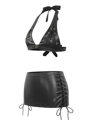 SISTERS Set áo bra chân váy da đan dây Grainne