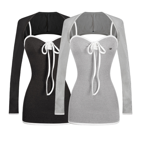 Set váy nữ hai dây và áo khoác ngoài DKMV phối viền trắng