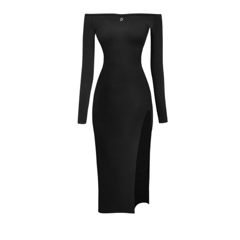 Váy đầm body trễ vai xẻ tà bên Sisters tay dài chất liệu thun gân đen