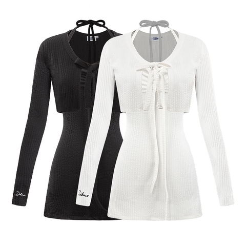 Váy kèm áo khoác ngoài dáng chữ A DKMV cổ yếm cột dây thắt nơ