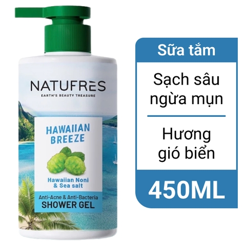 Gel tắm Natufres Hawaiian Breeze làm sạch da ngừa mụn muối biển và trái nhàu Hawaii 450ml