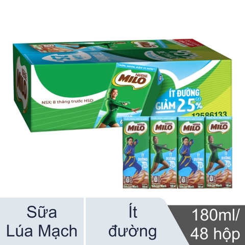 Thùng 48 hộp sữa lúa mạch ít đường Milo 180ml