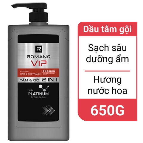 Tắm gội 2 trong 1 Romano Vip Passion sạch sâu 650g