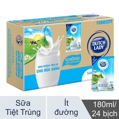 Thùng 24 bịch sữa tiệt trùng ít đường Dutch Lady 180ml