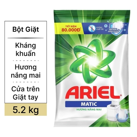 Bột giặt Ariel Sạch hoàn hảo - Khử mùi hôi hương nắng mai túi 5.2kg