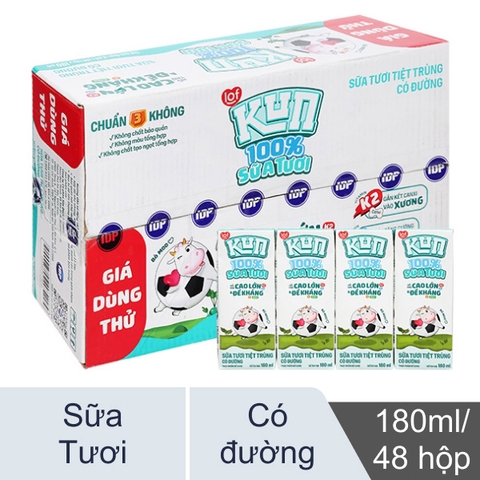 Thùng 48 hộp sữa tươi tiệt trùng có đường lof Kun 100% Sữa tươi 180ml