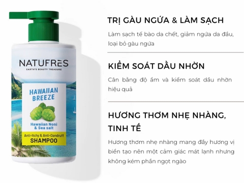 Dầu gội Natufres Hawaiian Breeze muối biển và trái nhàu Hawaii giảm gàu ngứa 450ml