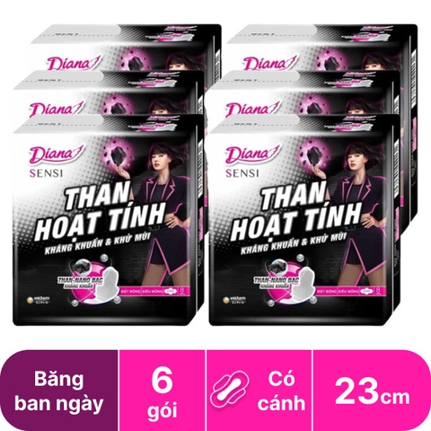 Lốc 6 gói băng vệ sinh Diana Sensi than hoạt tính siêu mỏng cánh 8 miếng