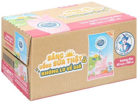 Thùng 48 bịch sữa tiệt trùng hương dâu Dutch Lady 180ml