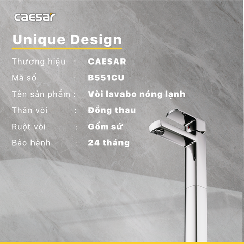 Vòi lavabo chậu rửa mặt Caesar B551CU nóng lạnh cổ cao kèm nút xả nhấn