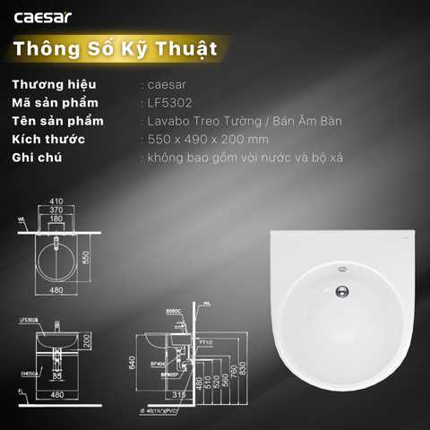 Lavabo chậu rửa mặt Caesar LF5302 bán âm dương vành