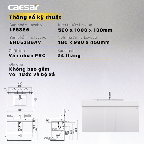Bộ Lavabo tủ Caesar LF5386 + EH05386AV