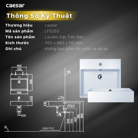 Lavabo chậu rửa mặt Caesar LF5263 đặt bàn