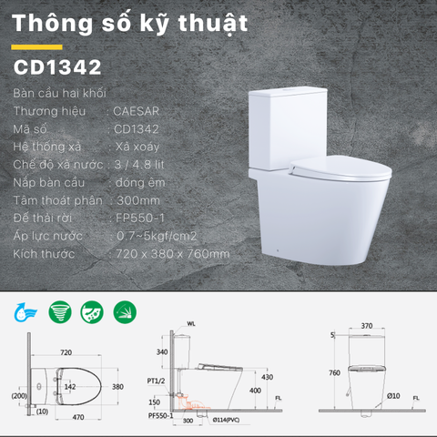 Bồn Cầu CAESAR CD1342 2 Khối Nắp Êm