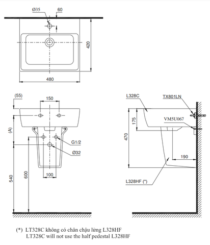 Lavabo chậu rửa mặt TOTO LHT328C#XW treo tường chân ngắn