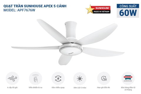 Quạt trần 5 cánh có đèn Sunhouse Apex APF7676W