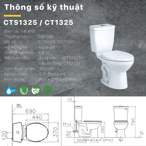Bồn cầu 2 khối Caesar CT1325 xả 1 nhấn nắp thường