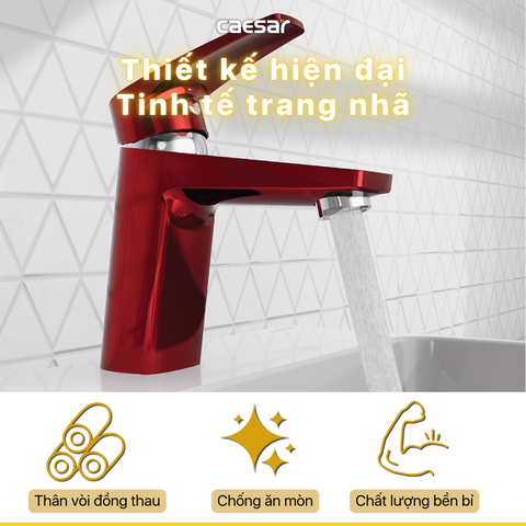 Vòi Lavabo Caesar B390CRU Màu Đỏ Nóng Lạnh kèm nút xả nhấn