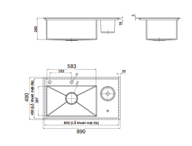 Chậu rửa chén 1 hộc Luxta LC8949-3.0 Inox 304 dài 89cm