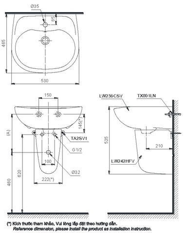 Lavabo chậu rửa mặt TOTO LHT236CS#W treo tường chân ngắn