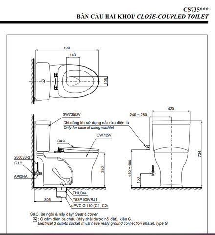 Bồn cầu 2 khối TOTO CS735DW14 nắp rửa C5 - TCF24410AAA