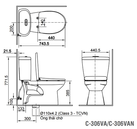 Bồn cầu 2 khối INAX C-306VAN xả nhấn nắp êm (C306VAN)