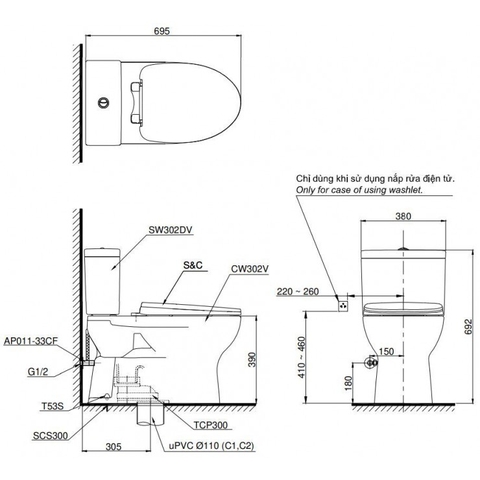 Bồn cầu 2 khối TOTO CS302DT3#W nắp êm