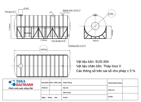 Bồn nước Inox 1000 lít ngang Đại Thành I304