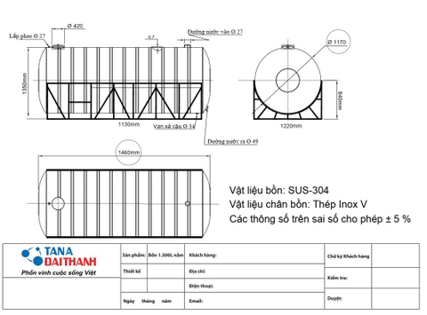 Bồn nước Inox 1500 lít ngang Đại Thành I304
