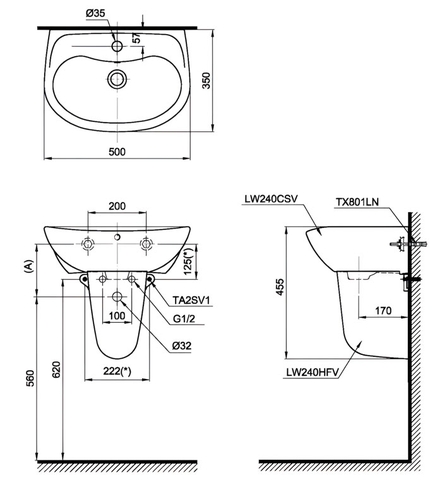 Lavabo chậu rửa mặt TOTO LHT240CS#W treo tường chân ngắn