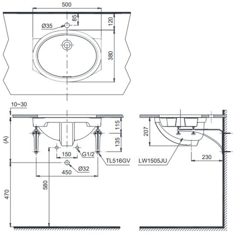 Lavabo chậu rửa mặt TOTO LW1505V#XW âm bàn sứ chống bám bẩn