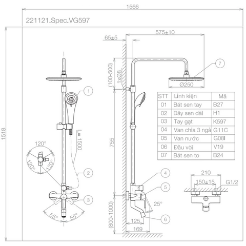 Cây sen tắm Viglacera VG597 nóng lạnh