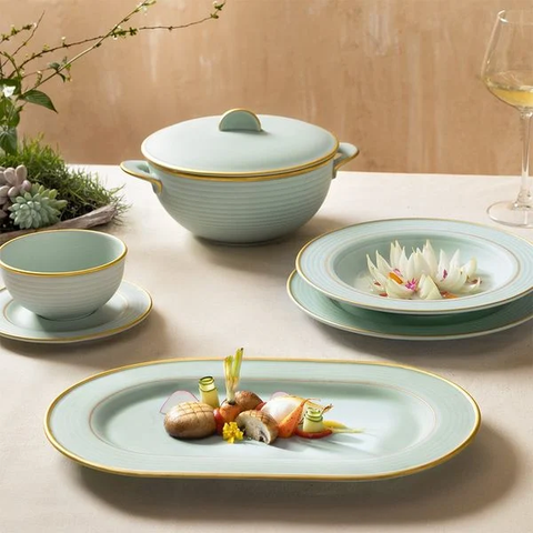 Bộ đồ ăn sứ Minh Long 30 sản phẩm - Cordon - Men Ngọc Sương Mờ (Trang trí Vàng)