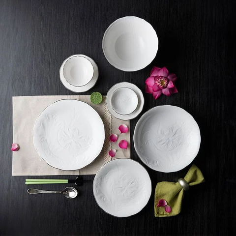 Bộ đồ ăn sứ Minh Long 32 sản phẩm - Sen IFP - Chỉ Bạch Kim