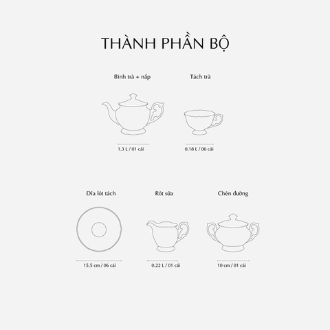 Bộ trà sứ Minh Long 1.3L - Đài Các - Chỉ Vàng