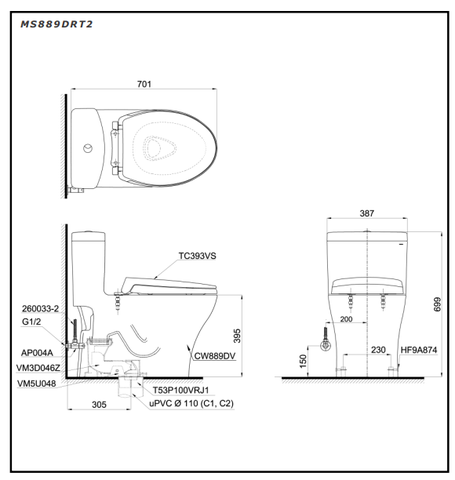 Bồn cầu 1 khối TOTO MS889DRT2#XW nắp êm sứ chống bám bẩn