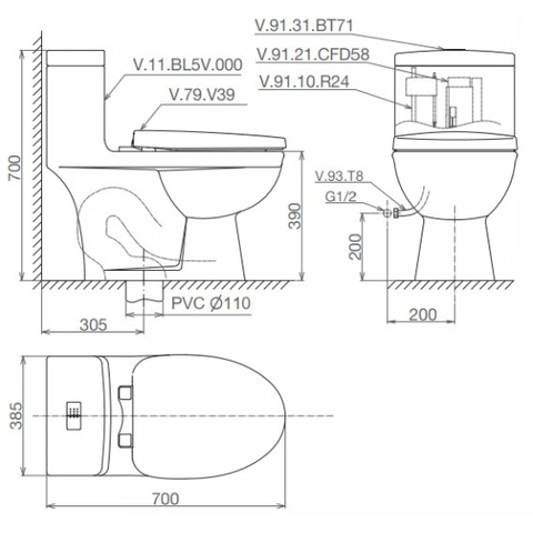 Bồn cầu 1 khối Viglacera BL5 xả xoáy
