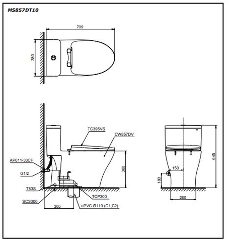 Bồn cầu 1 khối TOTO MS857DT10#XW kèm nắp đóng êm TC395VS