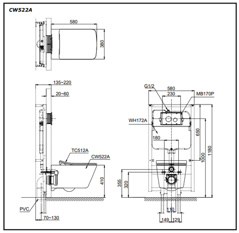 Bồn cầu treo tường TOTO CW522A#NW1 TC512A