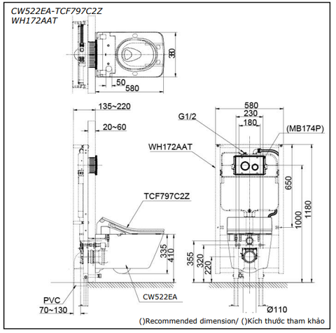 Bồn cầu treo tường TOTO CW522EA#NW1 nắp rửa điện tử TCF797C2Z WH172AAT
