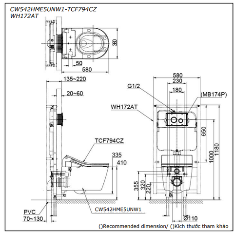 Bồn cầu treo tường TOTO CW542HME5UNW1 nắp rửa điện tử TCF794CZ#NW1 WH172AT