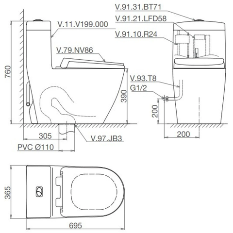 Bồn cầu 1 khối Viglacera V199 + Xịt VG826 + Van VG853