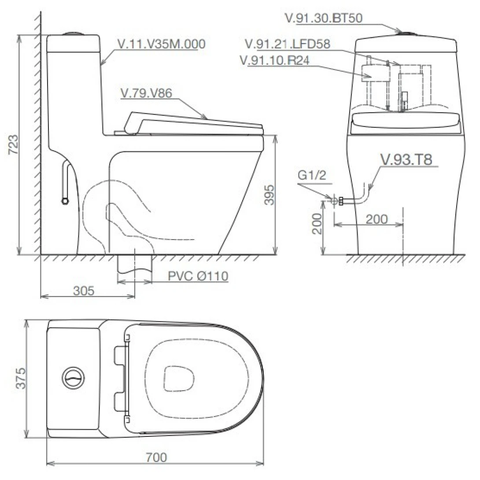 Bồn cầu 1 khối Viglacera V35M xả xoáy