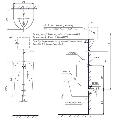 Bồn tiểu nam TOTO UT557T#XW treo tường sứ chống bám bẩn