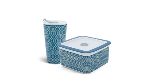 Combo 3: Ly sứ - Hộp dưỡng sinh (hoa văn Indigo) sứ Minh Long