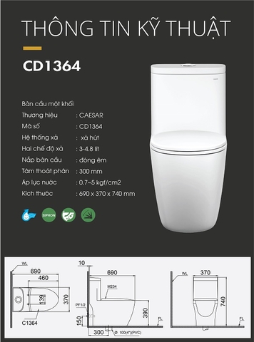 Bồn cầu 1 khối Caesar CD1363