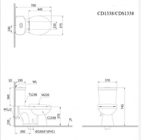 Bồn cầu 2 khối Caesar CD1338 xả 2 nhấn nắp thường